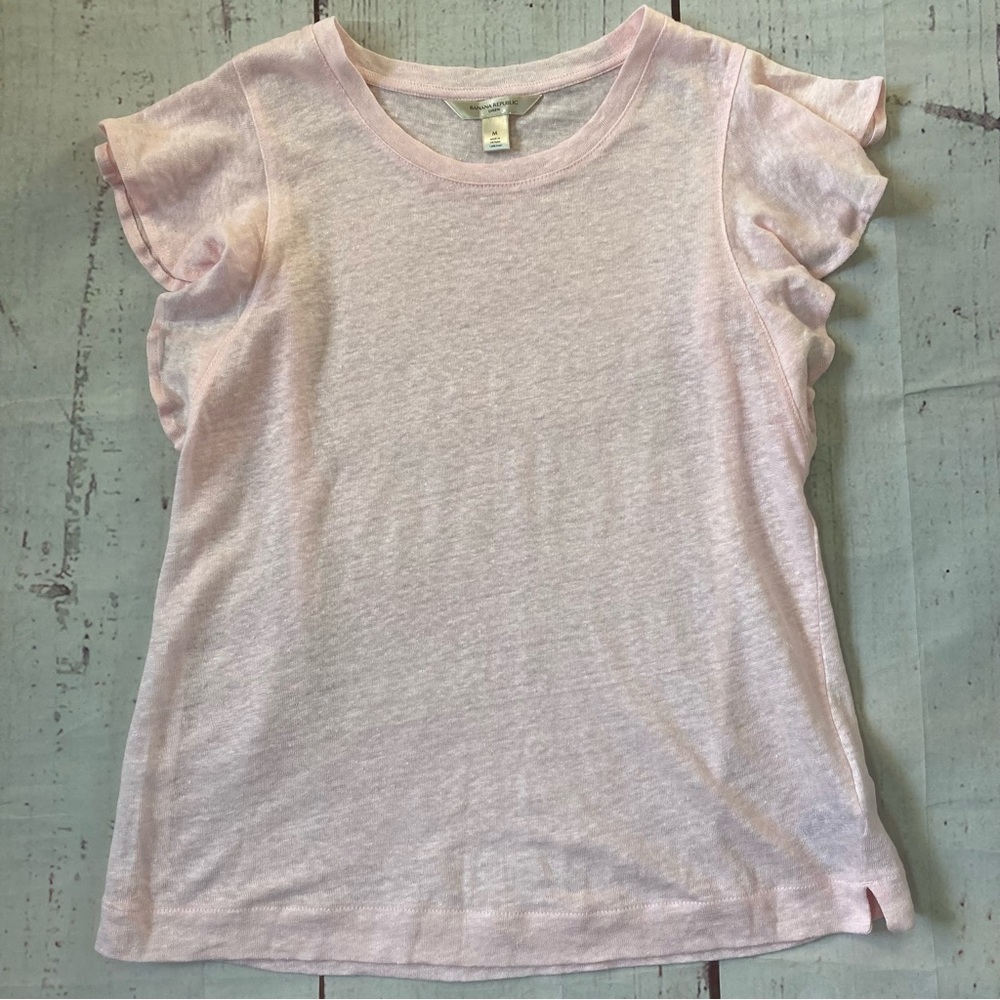 Banana Republic M Medium Light Pink Short Flutter Sleeve Shirt Top 100% Linen